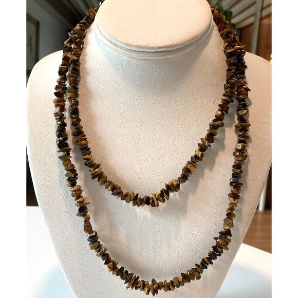 Vintage Tiger's Eye Stone Single Strand 40'' Necklace Sterling‎ 925 Silver 66g - Picture 1 of 6